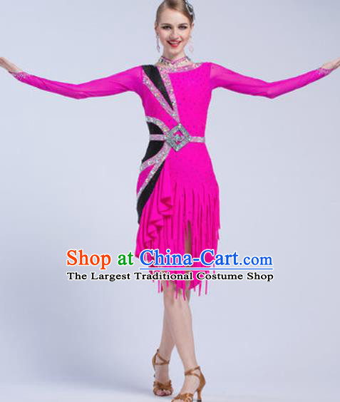 Top Latin Dance Competition Rosy Tassel Short Dress Modern Dance International Rumba Dance Costume for Women