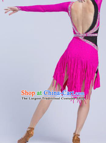 Top Latin Dance Competition Rosy Tassel Short Dress Modern Dance International Rumba Dance Costume for Women