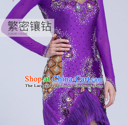 Top Latin Dance Competition Purple Tassel Short Dress Modern Dance International Rumba Dance Costume for Women