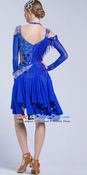 Top Latin Dance Competition Royalblue Tassel Dress Modern Dance International Rumba Dance Costume for Women