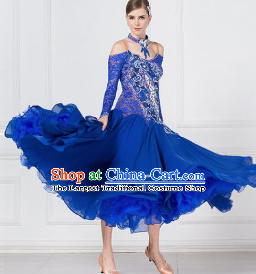 Professional Ballroom Dance Waltz Royalblue Lace Dress International Modern Dance Competition Costume for Women