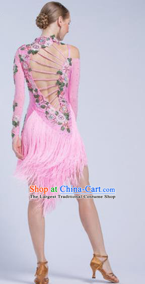 Top Latin Dance Competition Pink Tassel Dress Modern Dance International Rumba Dance Costume for Women