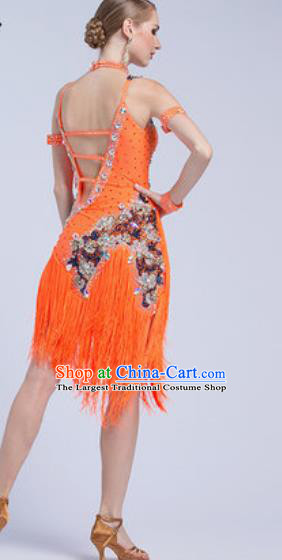 Professional Latin Dance Competition Orange Tassel Dress Modern Dance International Rumba Dance Costume for Women