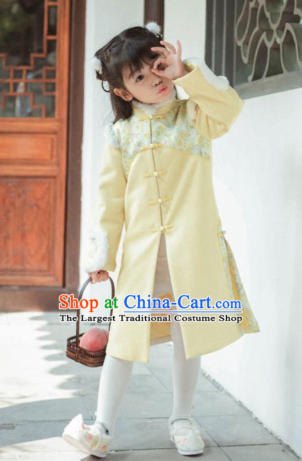 Chinese National Girls Yellow Dust Coat Costume Traditional New Year Tang Suit Outer Garment for Kids
