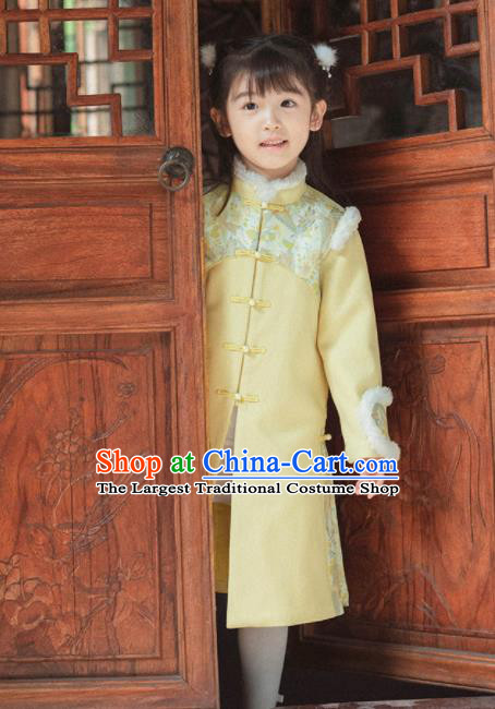 Chinese National Girls Yellow Dust Coat Costume Traditional New Year Tang Suit Outer Garment for Kids