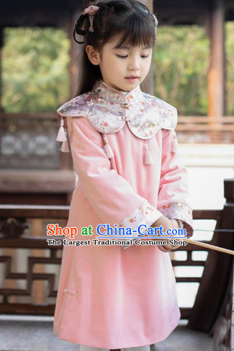 Chinese National Girls Pink Cheongsam Costume Traditional New Year Qipao Dress for Kids