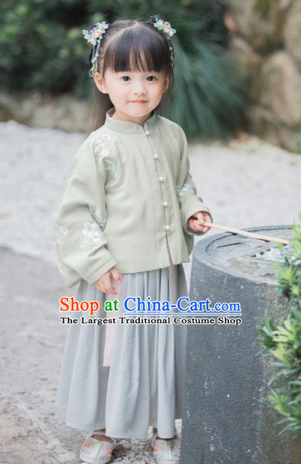 Chinese National Girls Light Green Cheongsam Blouse and Skirt Traditional New Year Tang Suit Costume for Kids