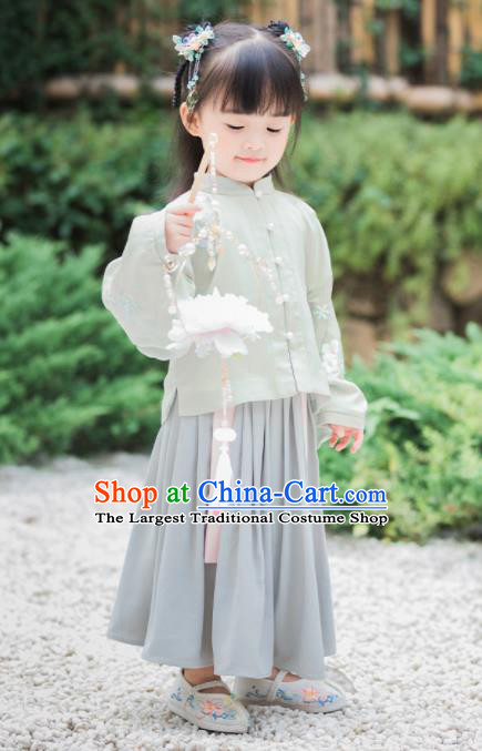 Chinese National Girls Light Green Cheongsam Blouse and Skirt Traditional New Year Tang Suit Costume for Kids