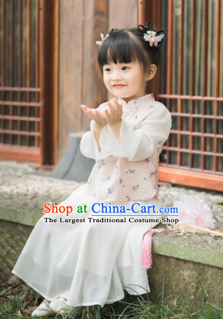 Chinese National Girls Pink Cheongsam Blouse and White Skirt Traditional New Year Tang Suit Costume for Kids