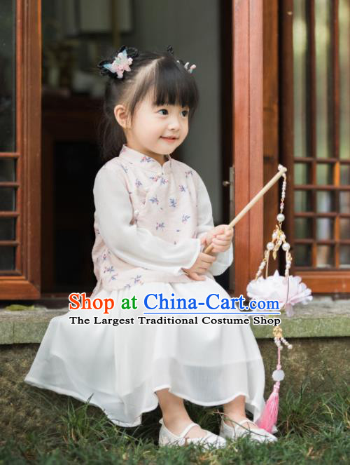 Chinese National Girls Pink Cheongsam Blouse and White Skirt Traditional New Year Tang Suit Costume for Kids