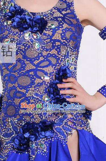 Professional Latin Dance Competition Royalblue Lace Dress Modern Dance International Rumba Dance Costume for Women
