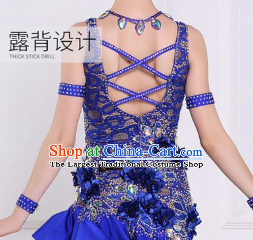Professional Latin Dance Competition Royalblue Lace Dress Modern Dance International Rumba Dance Costume for Women
