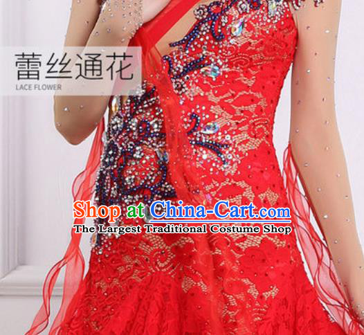 Top Grade Modern Dance Red Lace Dress Ballroom Dance International Waltz Competition Costume for Women