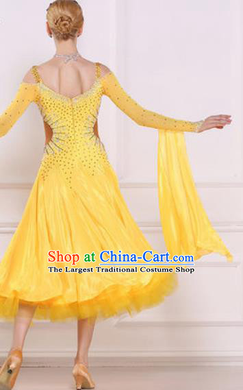 Top Grade Modern Dance Diamante Yellow Dress Ballroom Dance International Waltz Competition Costume for Women