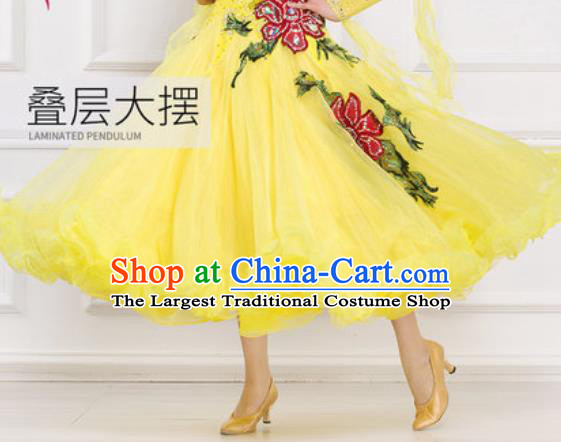 Top Waltz Competition Modern Dance Diamante Yellow Dress Ballroom Dance International Dance Costume for Women