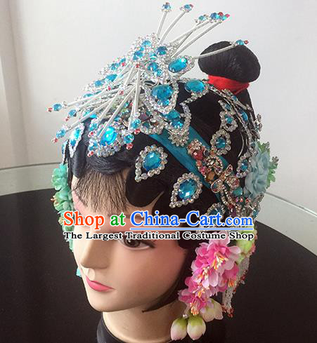 Chinese Beijing Opera Princess Blue Headgear Traditional Peking Opera Diva Wig and Hair Accessories for Women