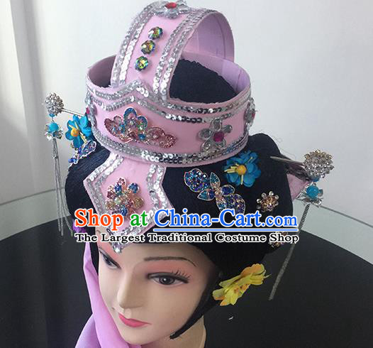 Chinese Beijing Opera Taoist Nun Pink Headgear Traditional Peking Opera Diva Wig Sheath and Hair Accessories for Women