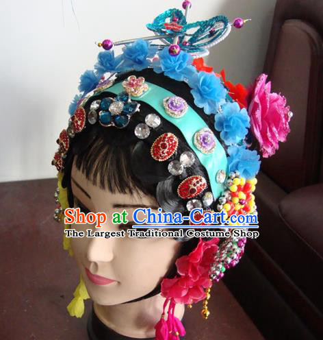 Chinese Beijing Opera Girls Blue Flowers Headgear Traditional Peking Opera Wig Sheath and Hair Accessories for Women