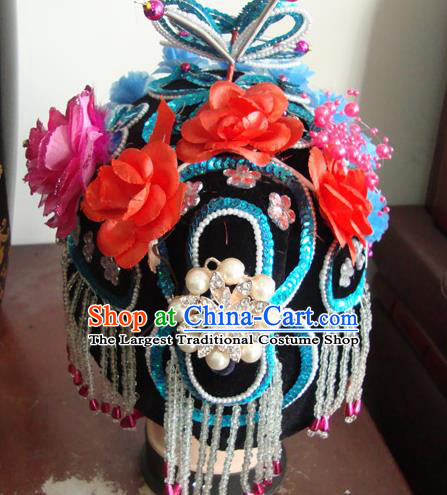Chinese Beijing Opera Girls Blue Flowers Headgear Traditional Peking Opera Wig Sheath and Hair Accessories for Women