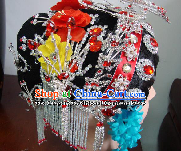 Chinese Beijing Opera Girls Red Headgear Traditional Peking Opera Wig Sheath and Hair Accessories for Women