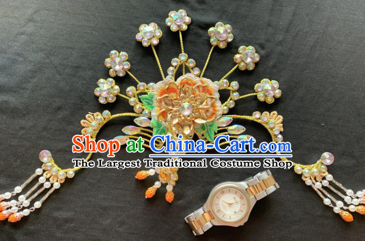 Chinese Beijing Opera Diva Yellow Phoenix Tassel Hairpins Headgear Traditional Peking Opera Queen Hair Accessories for Women