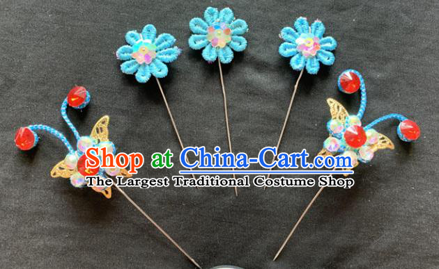 Chinese Beijing Opera Diva Blue Flowers Hairpins Headgear Traditional Peking Opera Queen Hair Accessories for Women