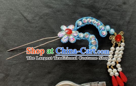 Chinese Beijing Opera Diva Blue Flowers Hairpins Headgear Traditional Peking Opera Queen Hair Accessories for Women