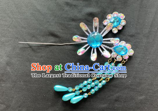 Chinese Beijing Opera Diva Blue Tassel Hairpins Headgear Traditional Peking Opera Queen Hair Accessories for Women