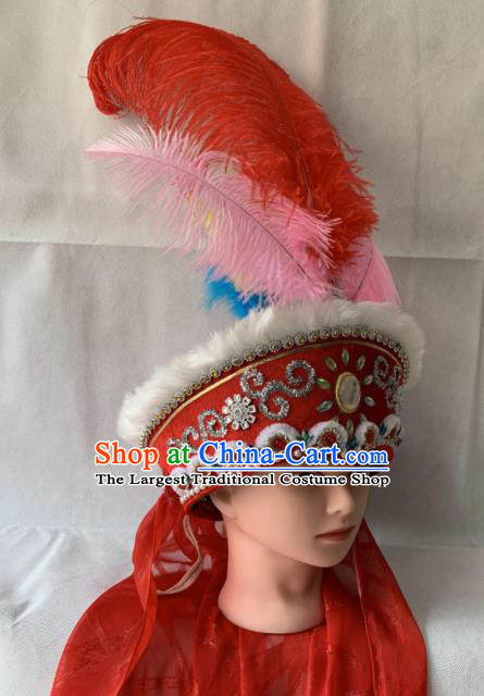 Chinese Beijing Opera Princess Red Hat Traditional Peking Opera Feather Hair Accessories for Women