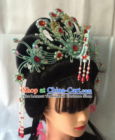 Chinese Beijing Opera Diva Green Phoenix Coronet Hairpins Traditional Peking Opera Queen Hair Accessories for Women