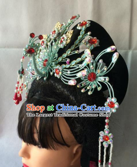 Chinese Beijing Opera Diva Green Phoenix Coronet Hairpins Traditional Peking Opera Queen Hair Accessories for Women