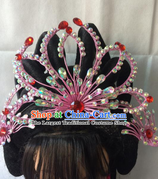 Chinese Beijing Opera Diva Pink Phoenix Coronet Hairpins Traditional Peking Opera Queen Hair Accessories for Women