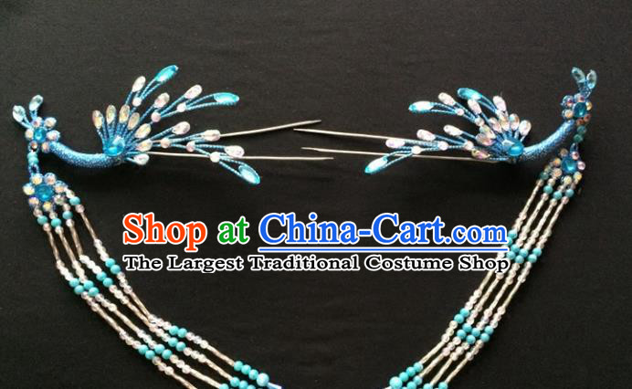 Chinese Beijing Opera Diva Blue Phoenix Hair Crown Traditional Peking Opera Queen Hairpins Hair Accessories for Women