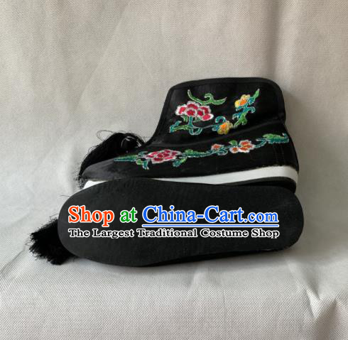 Chinese Beijing Opera Female Black Boots Traditional Peking Opera Blues Embroidered Shoes for Women