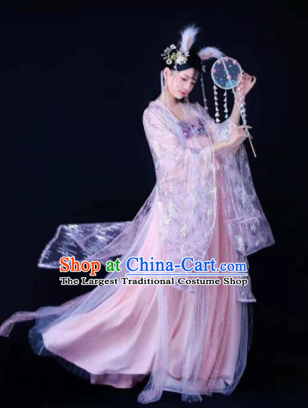 Ancient Chinese Goddess Pink Hanfu Dress Tang Dynasty Court Princess Historical Costumes for Women