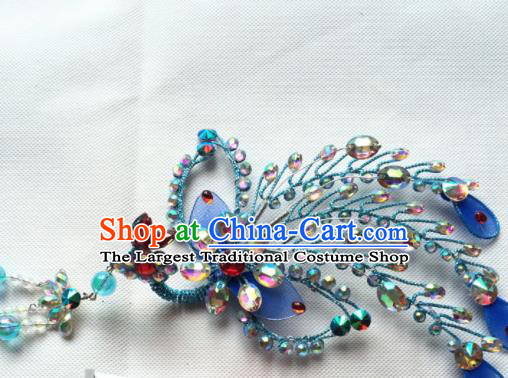 Chinese Beijing Opera Diva Blue Phoenix Hairpins Traditional Peking Opera Hair Accessories for Women