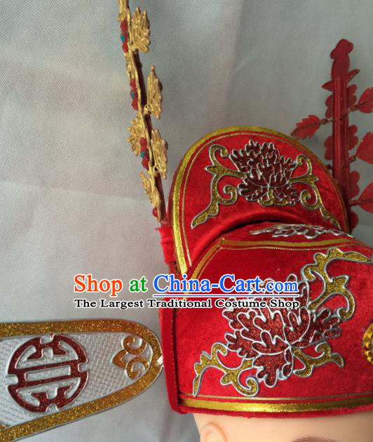 Chinese Beijing Opera Niche Red Hat Traditional Peking Opera Bridegroom Headwear for Men