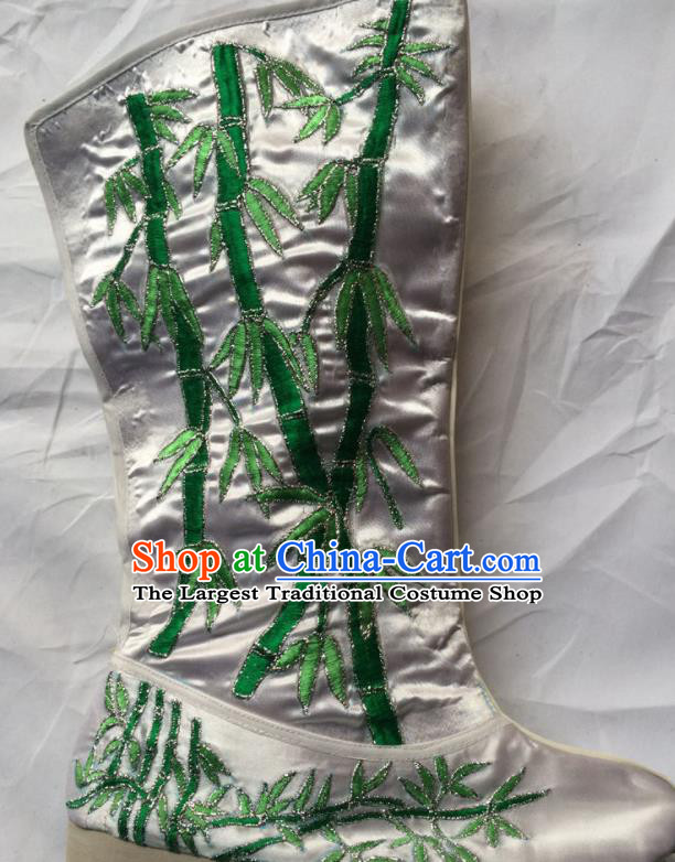 Chinese Beijing Opera Embroidery Bamboo White Boots Traditional Peking Opera Takefu Embroidered Shoes for Men