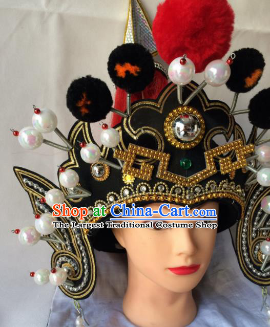 Chinese Beijing Opera General Black Hat Traditional Peking Opera Takefu Headwear for Men