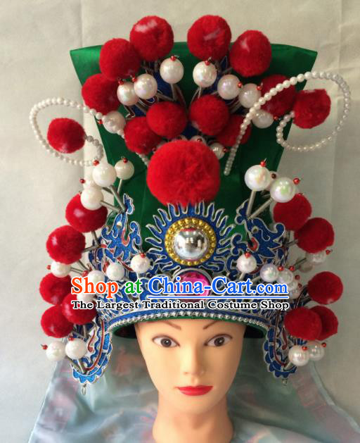 Chinese Beijing Opera General Green Helmet Hat Traditional Peking Opera Takefu Headwear for Men