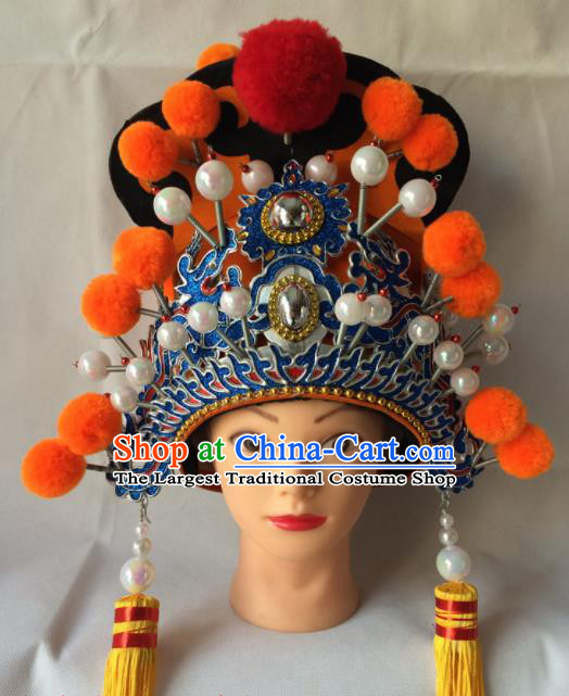 Chinese Beijing Opera Minister Orange Helmet Traditional Peking Opera Eunuch Hat Headwear for Men