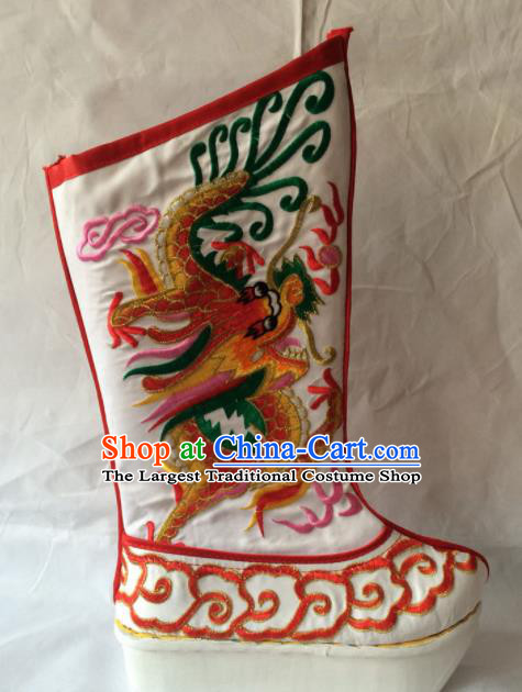 Chinese Beijing Opera Emperor White Boots Traditional Peking Opera Takefu Embroidered Red Dragon Shoes for Men