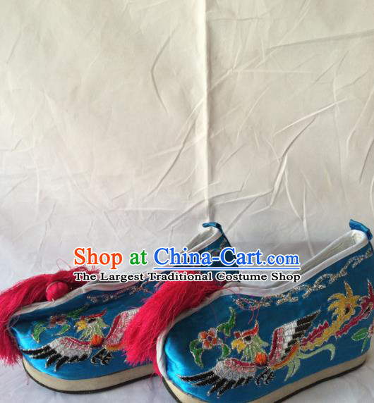 Chinese Beijing Opera Princess Blue Shoes Traditional Peking Opera Diva Embroidered Shoes for Women