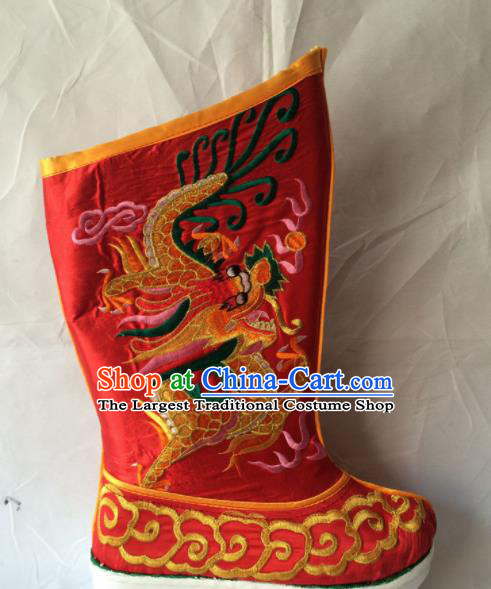 Chinese Beijing Opera Emperor Red Boots Traditional Peking Opera Takefu Embroidered Shoes for Men
