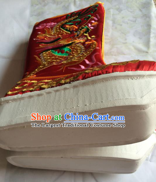 Chinese Beijing Opera Emperor Red Boots Traditional Peking Opera Takefu Embroidered Shoes for Men