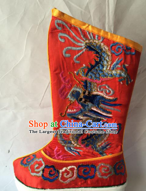 Chinese Beijing Opera Takefu Red Boots Traditional Peking Opera Emperor Embroidered Shoes for Men