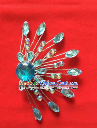 Chinese Beijing Opera Princess Blue Crystal Hair Claw Hairpins Traditional Peking Opera Diva Hair Accessories for Women