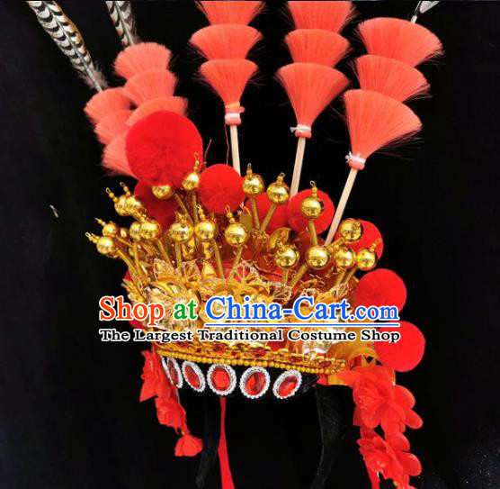 Chinese Beijing Opera Female Swordsman Mu Guiying Hat Traditional Peking Opera Blues Helmet Hair Accessories for Women
