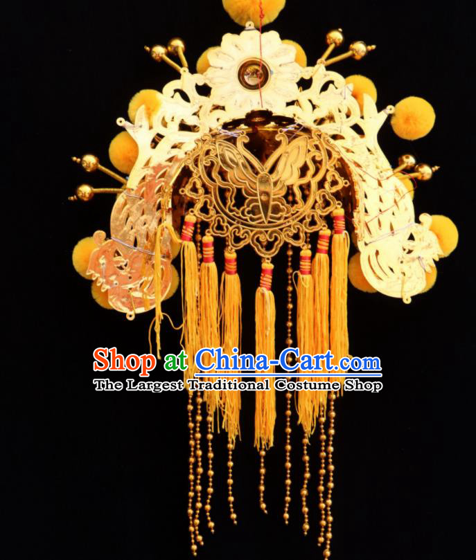 Chinese Beijing Opera Female Swordsman Mu Guiying Yellow Hat Traditional Peking Opera Blues Helmet Hair Accessories for Women