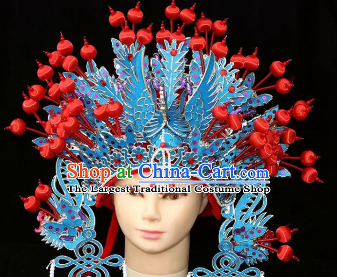Chinese Beijing Opera Diva Blue Phoenix Coronet Traditional Peking Opera Bride Hat Hair Accessories for Women